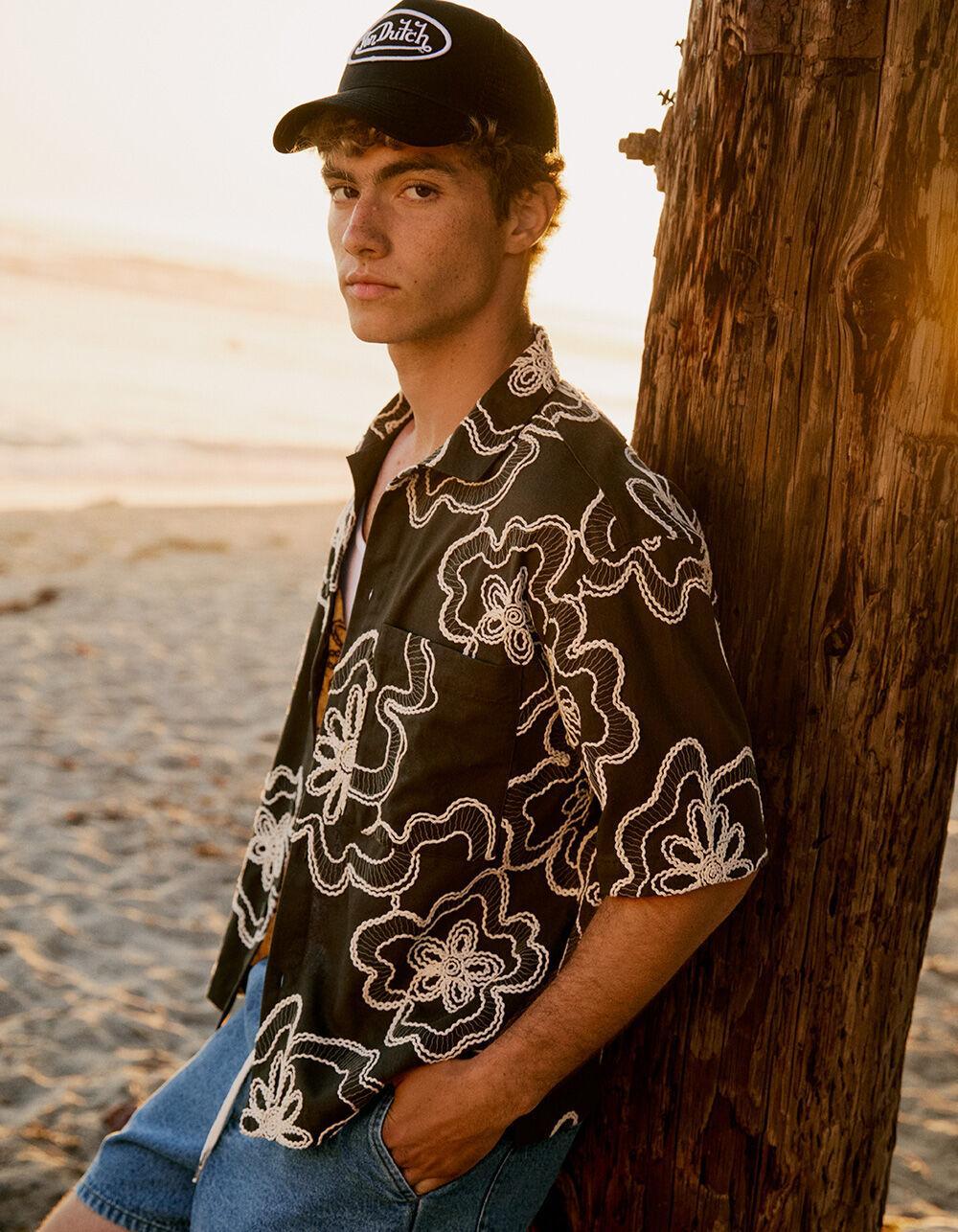 RSQ Mens Textured Floral Button Up Shirt - OLIVE Product Image