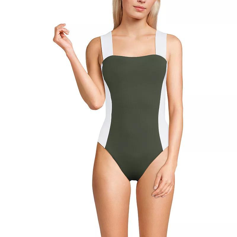Women's Lands' End Square Neck High Leg One-Piece Swimsuit, Size: 8, Olive Green White Product Image