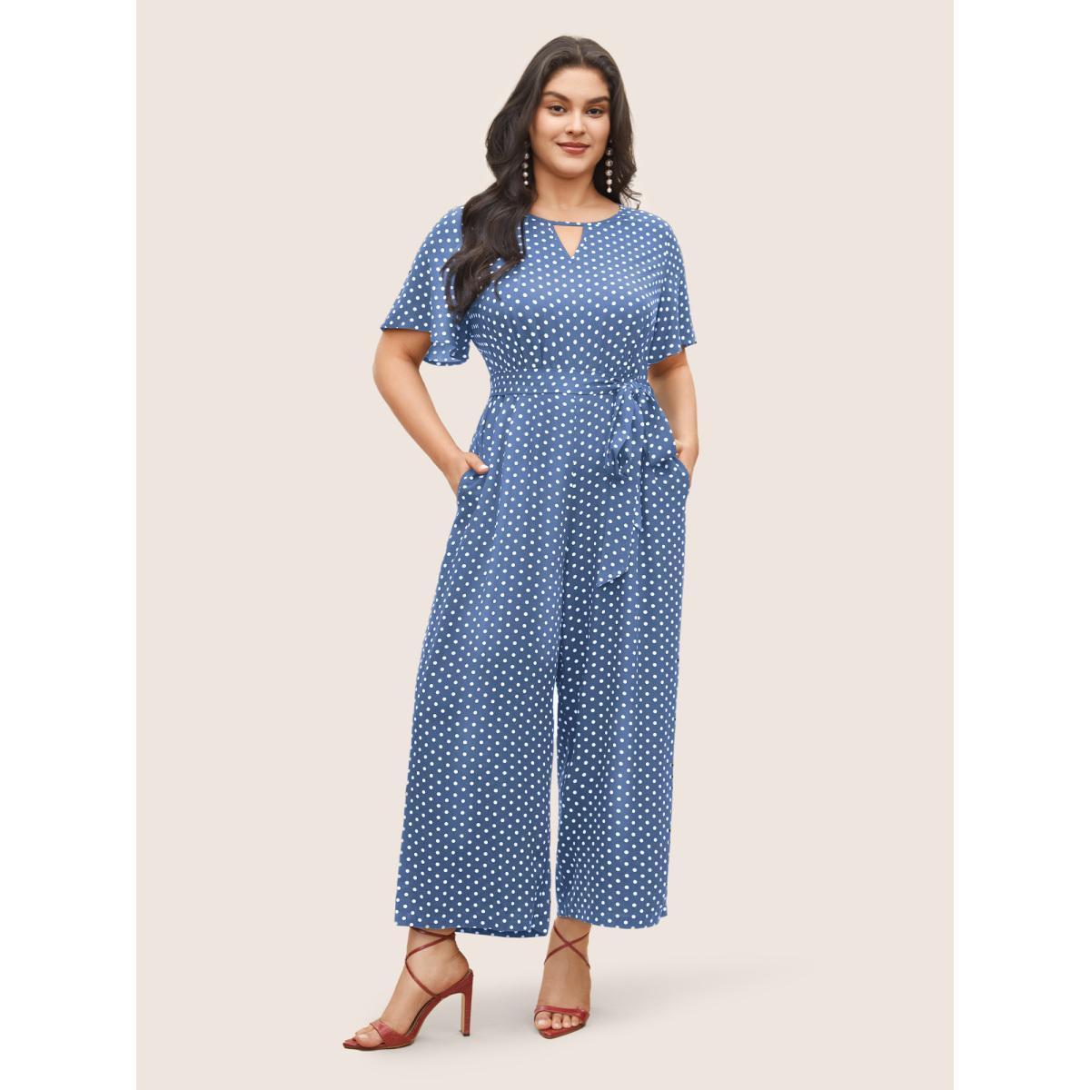 Plus Size Skyblue Polka Dot Cut Out Zipper Belted Jumpsuit Women Elegant Short sleeve Notched collar Everyday Loose Jumpsuits BloomChic 28/5X Product Image