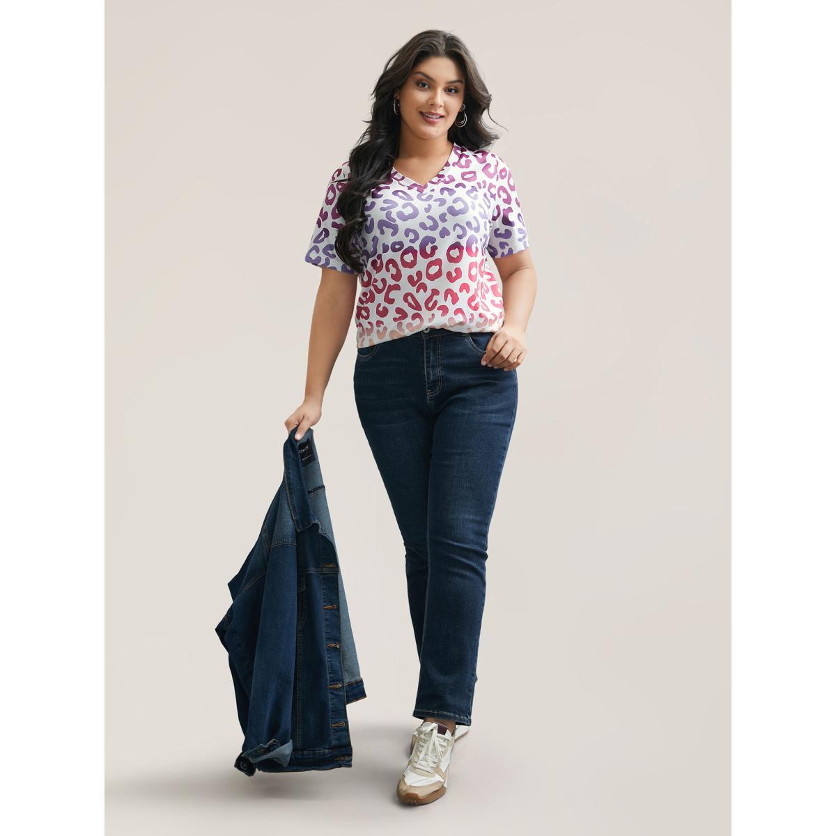 Plus Size Multi-Color Print Stretchy T-Shirt Multicolor Women Casual Contrast V-neck Everyday T-shirts BloomChic 18-20/2X Product Image