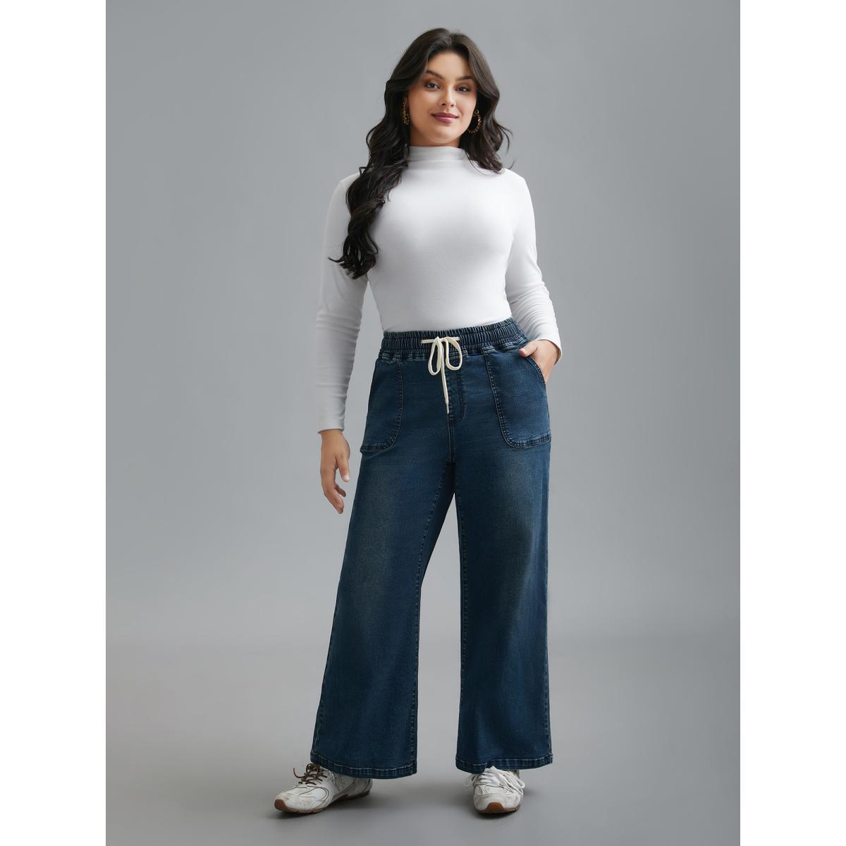 Plus Size Drawstring Stretchy Waist Pocket Jeans Women Denimindigo Casual Drawstring Medium stretch Slanted pocket Jeans BloomChic 26/4X Product Image