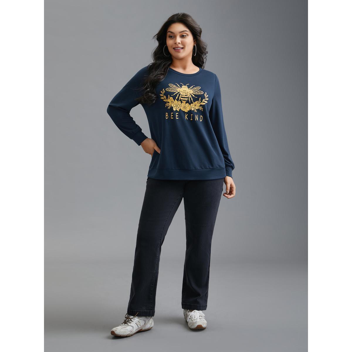 Plus Size Bee Kind Motif Round Neck Sweatshirt Women Midnight Casual Non Round Neck Everyday Sweatshirts BloomChic 22-24/3X Product Image