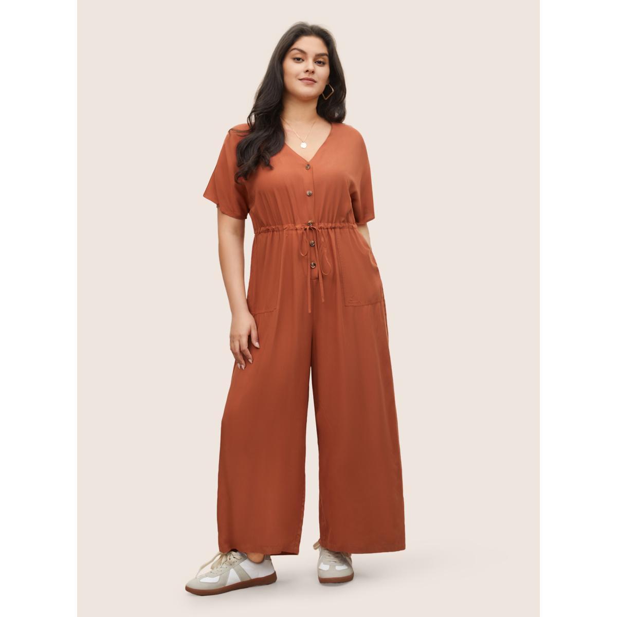 Plus Size Chocolate Plain Button Up Drawstring Gathered Pocket Jumpsuit Women Casual Short sleeve V-neck Everyday Loose Jumpsuits BloomChic 12/L Product Image