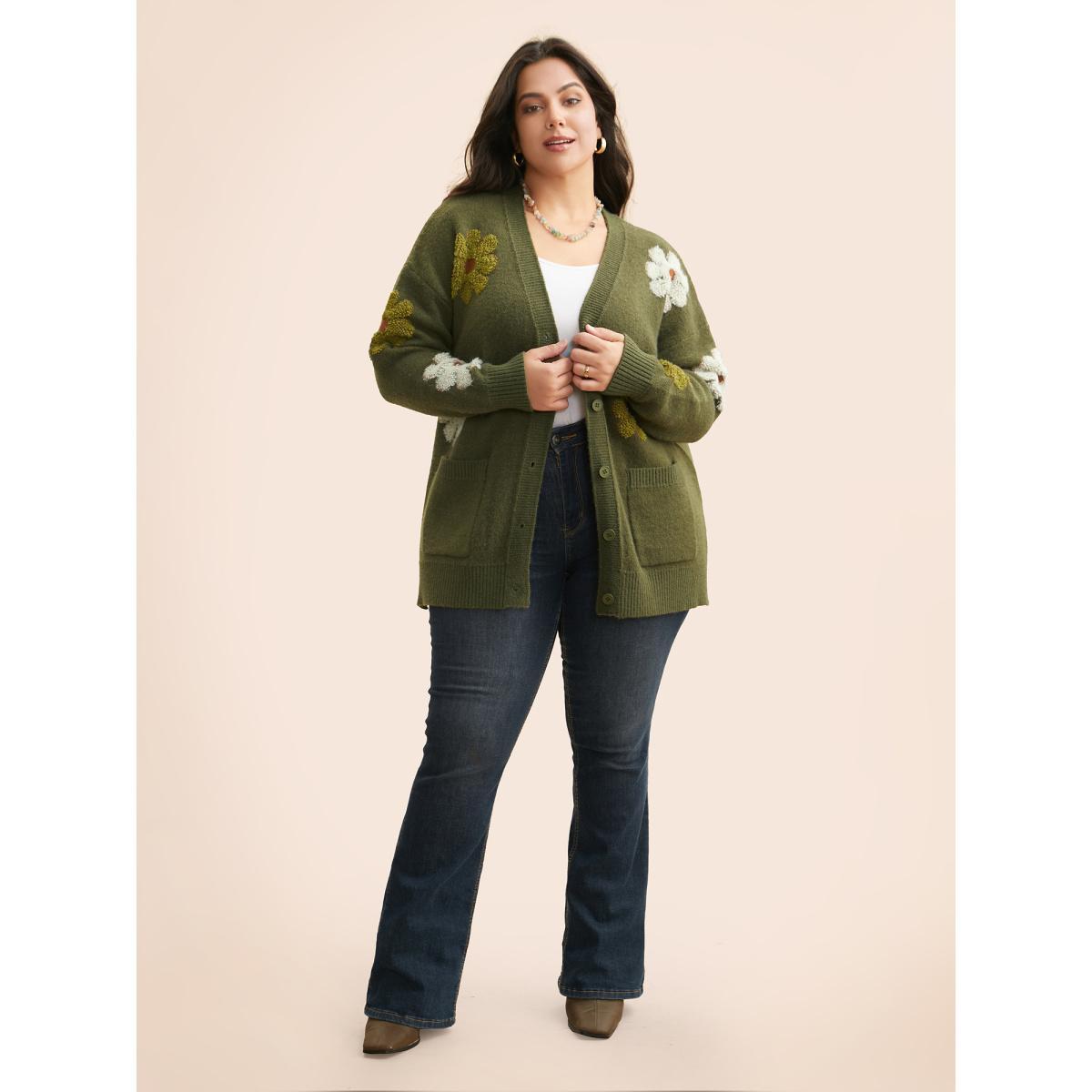 Plus Size Floral Texture Slit Hem Patch Pocket Cardigan ArmyGreen Women Casual Loose Long Sleeve Everyday Cardigans BloomChic 26/4X Product Image