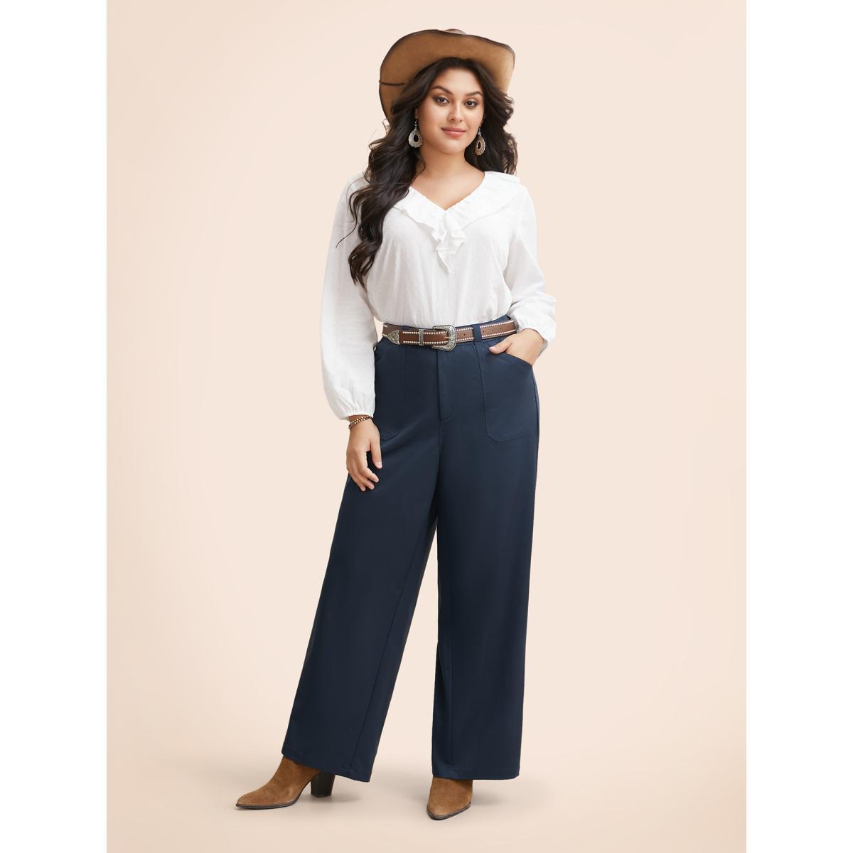 Plus Size Solid Buttoned Zipper Wide Leg Pants Women Indigo Casual Wide Leg Mid Rise Everyday Pants BloomChic 30/6X Product Image