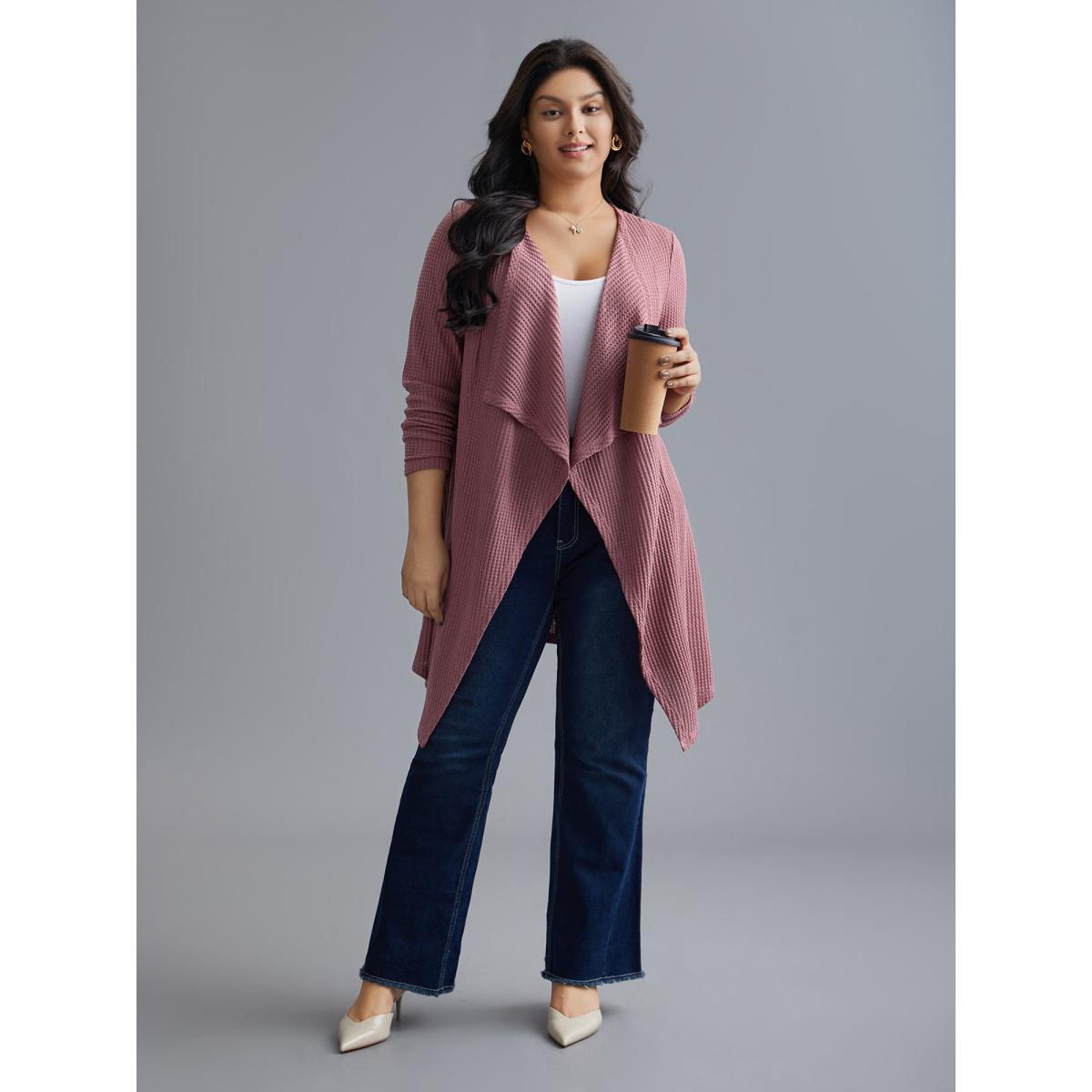 Plus Size Lapel Collar Waffle Grid Open-Front Jacket Women DustyPink Texture Loose Everyday Jackets BloomChic 14-16/1X Product Image