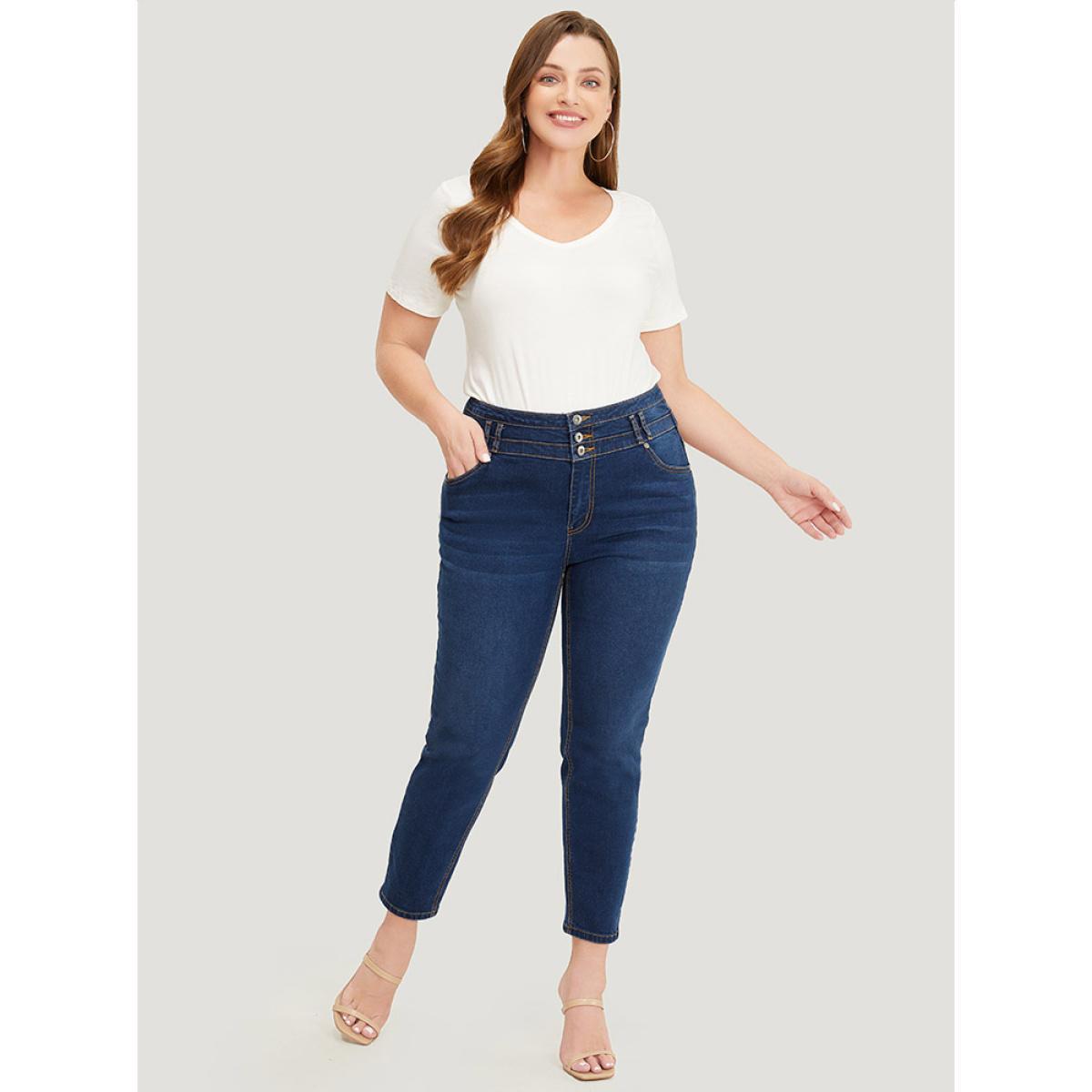 Plus Size Very Stretchy High Rise Dark Wash Layered Contrast Stitch Jeans Women DarkBlue Casual Plain Button High stretch Pocket Jeans BloomChic 30/6X Product Image