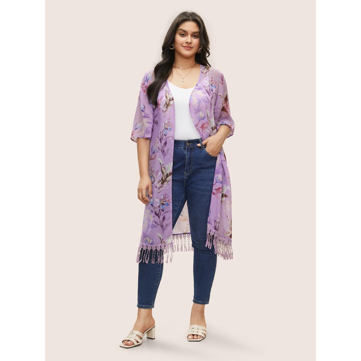 Plus Size Floral Lace Patchwork Mesh Tassels Trim Kimono Women Lilac Resort Woven ribbon&lace trim Vacation Kimonos BloomChic 22-24/3X Product Image