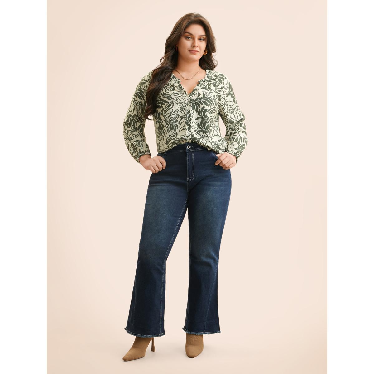 Plus Size ArmyGreen Silhouette Floral Print Ruffle Trim Blouse Women Elegant Long Sleeve Notched collar Everyday Blouses BloomChic 22-24/3X Product Image