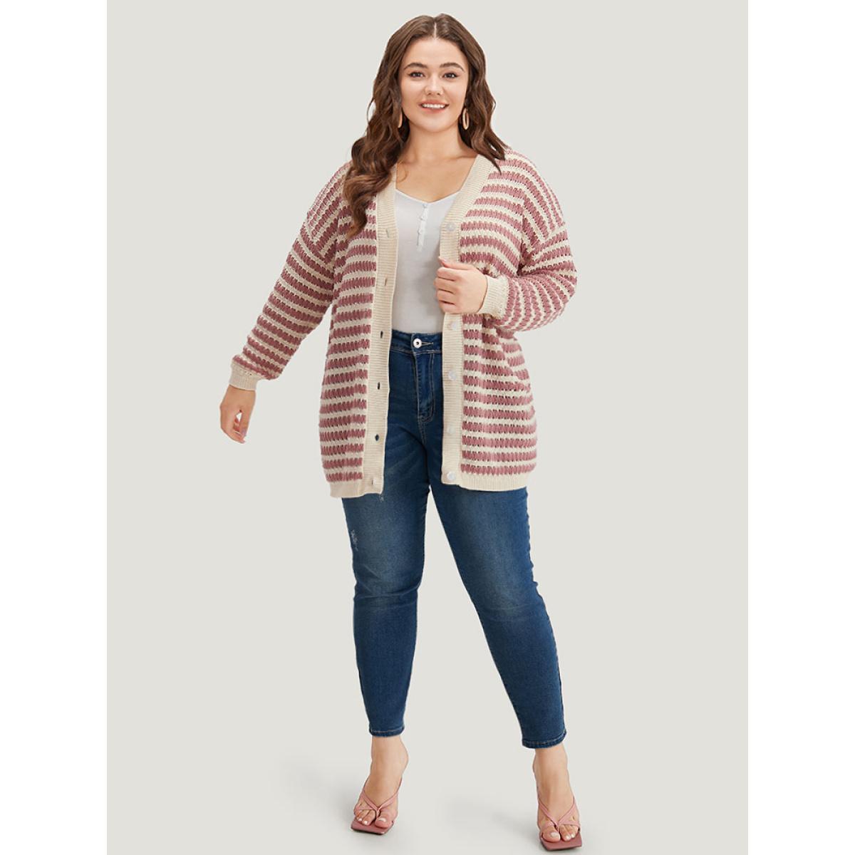 Plus Size Striped Button Through Cut Out Cardigan DustyPink Women Casual Loose Long Sleeve Dailywear Cardigans BloomChic 18-20/2X Product Image
