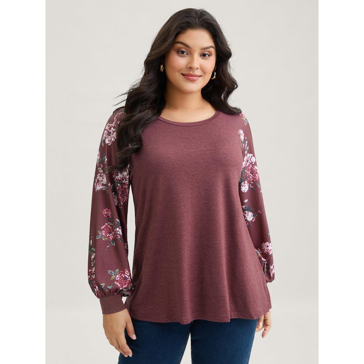 Plus Size Floral Patchwork Crew Neck Raglan Sleeve T-shirt Russet Women Elegant Printed Floral Round Neck Dailywear T-shirts BloomChic 26/4X Product Image