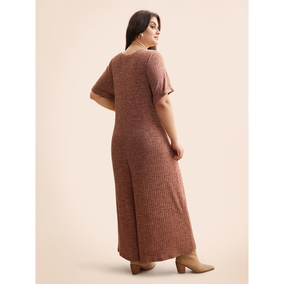 Plus Size Burgundy Texture Button Up Patch Pocket Jumpsuit Women Casual Half Sleeve Flat collar with V-notch Everyday Loose Jumpsuits BloomChic 30/6X Product Image