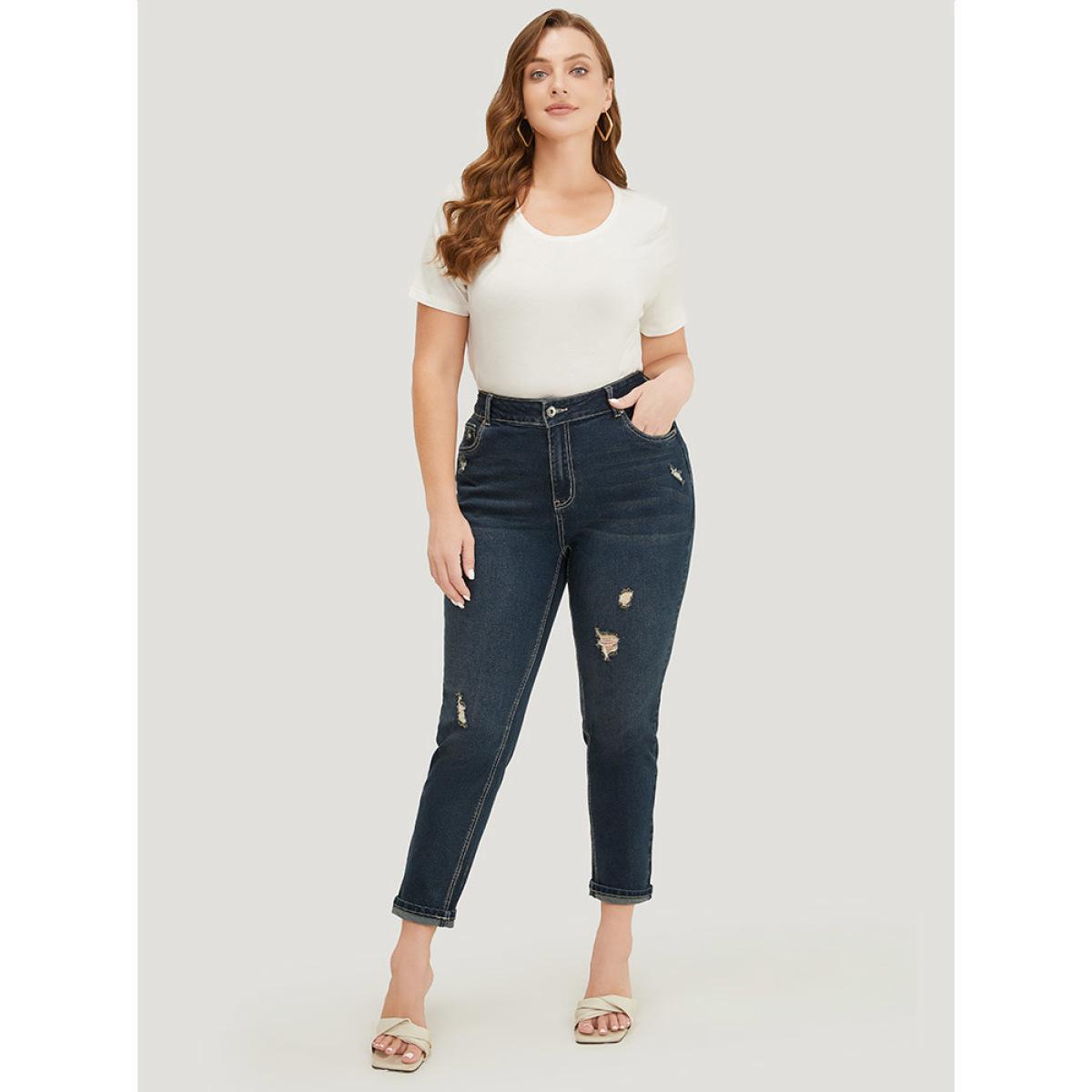 Plus Size Very Stretchy High Rise Dark Wash Distressed Stitch Jeans Women Midnight Casual Plain Roll Hem High stretch Jeans BloomChic 28/5X Product Image