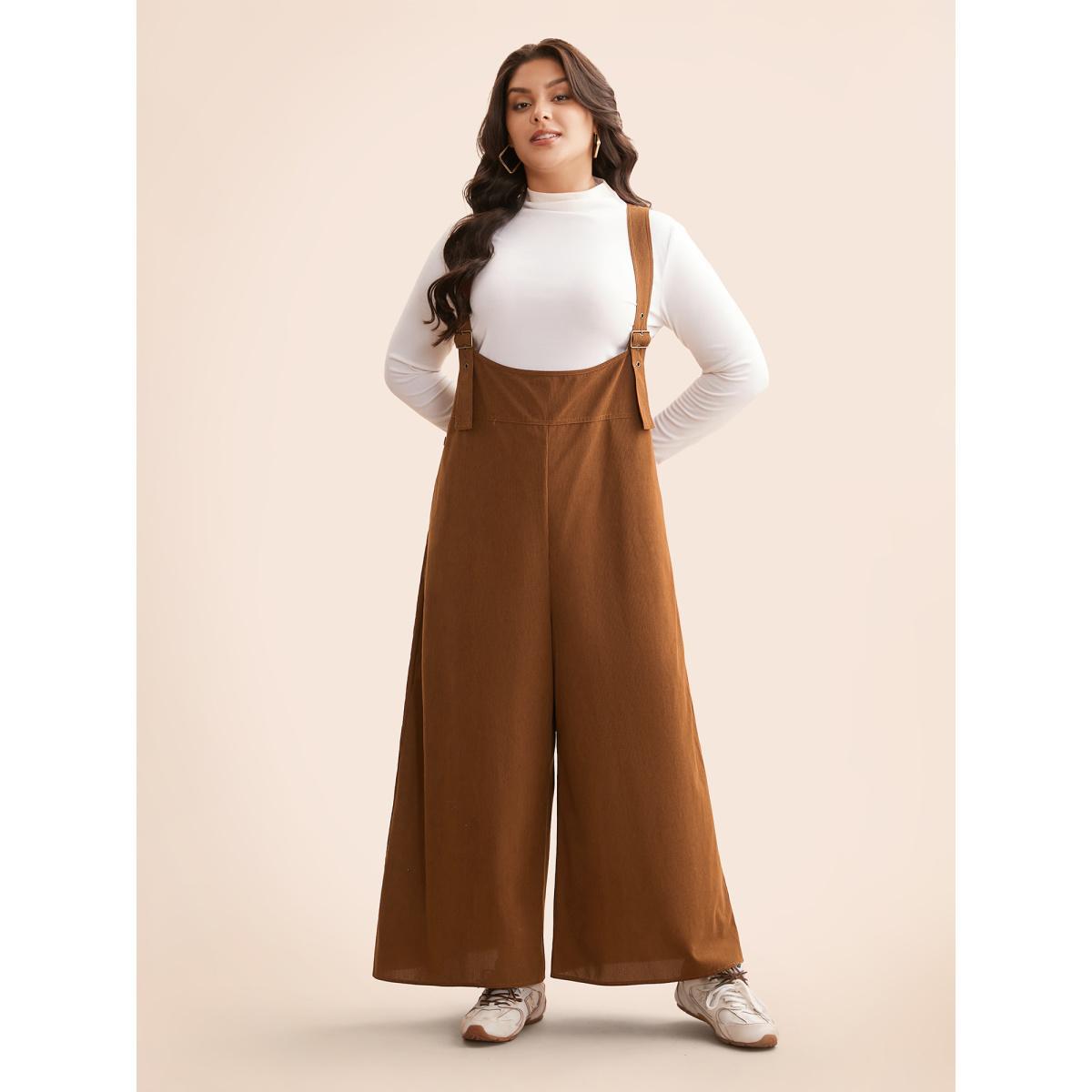 Plus Size Bronze Corduroy Button Detail Adjustable Straps Jumpsuit Women Casual Sleeveless Non Everyday Loose Jumpsuits BloomChic 28/5X Product Image