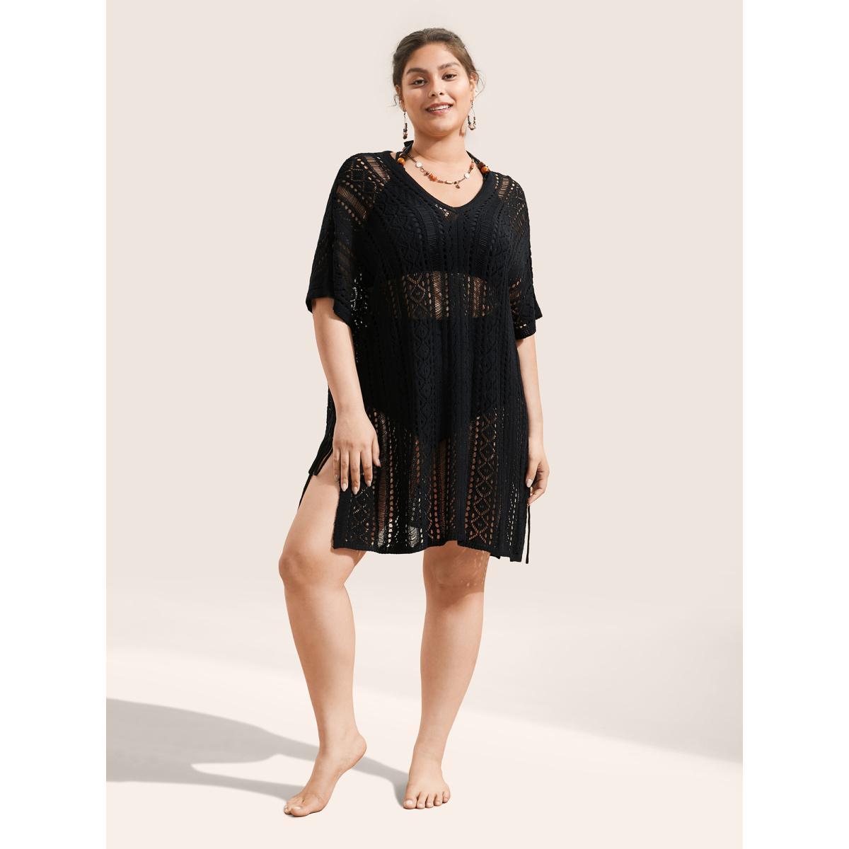 Plus Size Plain Texture Ties Hollow Out Split Hem Swim Cover Up Women's Swimwear Black Beach Cut-Out Curve Swim Cover Ups BloomChic 14-16/1X Product Image