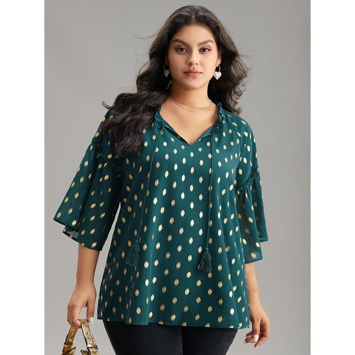 Plus Size Cyan Geo Glitter Tassels Ties Blouse Women Glamour Elbow-length sleeve Tie Neck Going out Blouses BloomChic 12/L Product Image