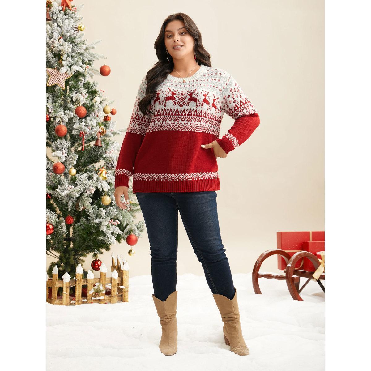 Plus Size Supersoft Essentials Reindeer Print Round Neck Pullover Scarlet Women Elegant Loose Long Sleeve Round Neck Everyday Pullovers BloomChic 22-24/3X Product Image