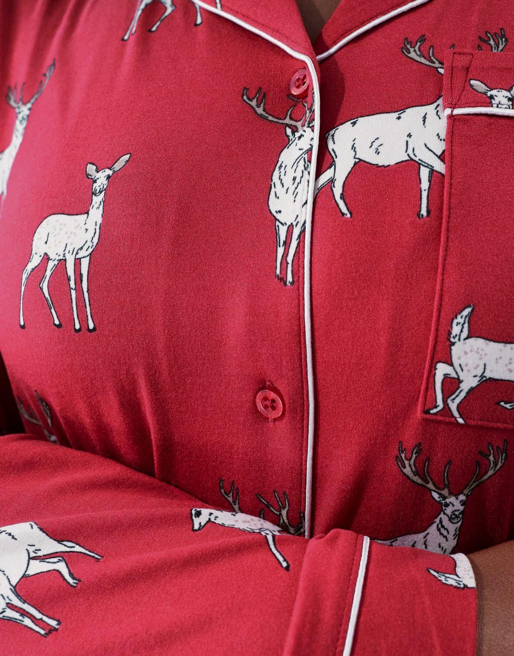 Chelsea Peers Exclusive Curve Christmas His & Hers long sleeve revere top and pants pajama set in reindeer print Product Image