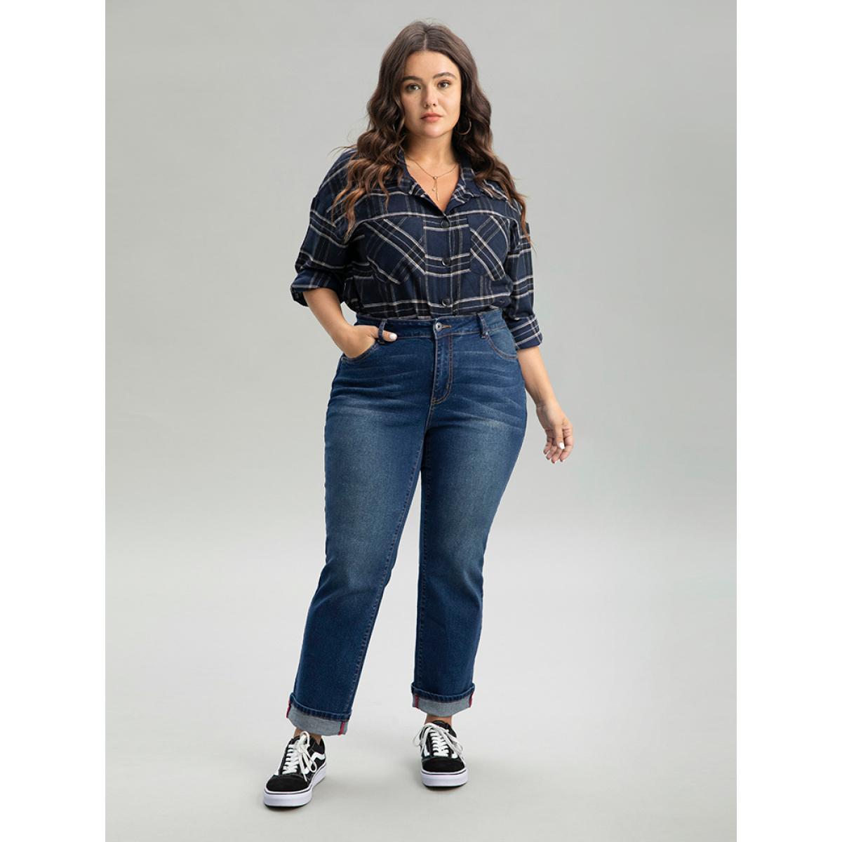 Plus Size Straight Leg Zipper Roll Hem Dark Wash Jeans Women DarkBlue Casual Plain Plain High stretch Pocket Jeans BloomChic 26/4X Product Image