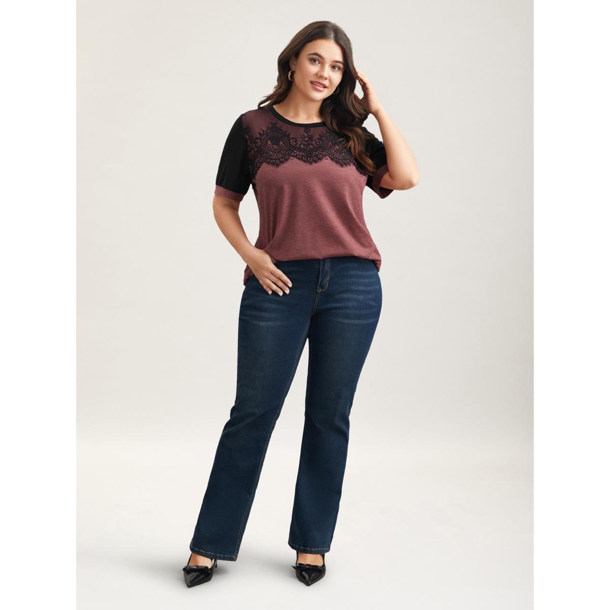 Plus Size Stretchy Scalloped Lace Color Contrast T-Shirt Russet Women Elegant Contrast Round Neck Everyday T-shirts BloomChic 18-20/2X Product Image