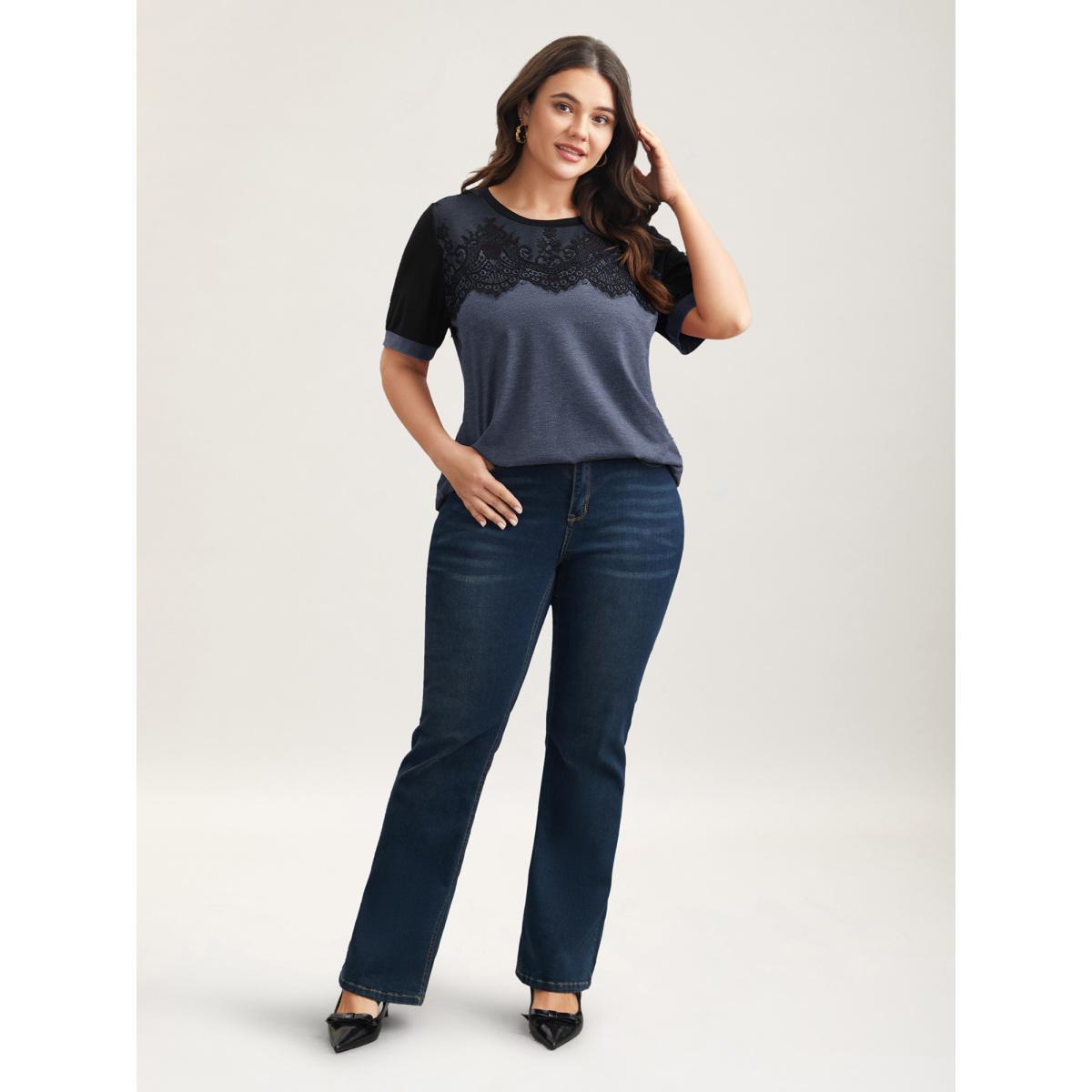Plus Size Stretchy Scalloped Lace Color Contrast T-Shirt Indigo Women Elegant Contrast Round Neck Everyday T-shirts BloomChic 22-24/3X Product Image