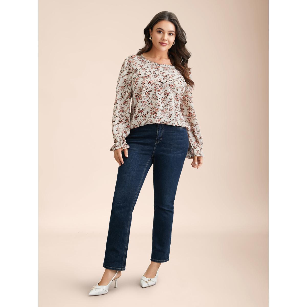 Plus Size Beige Back Lace Trim Ditsy Floral Print Blouse Women Elegant Long Sleeve Round Neck Everyday Blouses BloomChic 26/4X Product Image