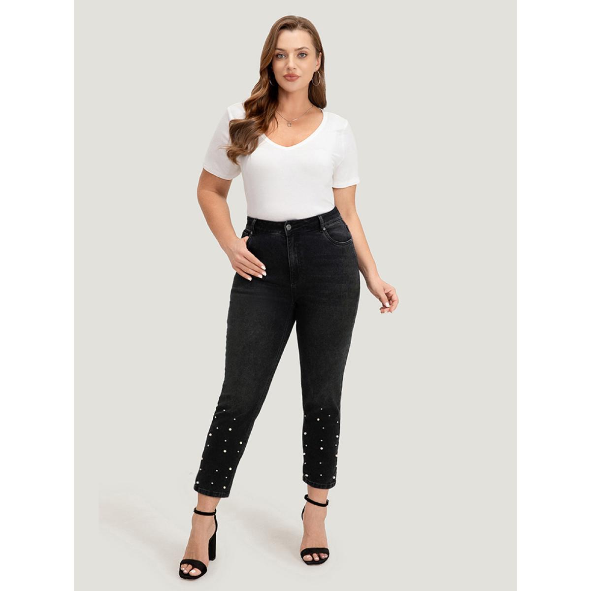 Plus Size Beaded Detail Pocket Very Stretchy Black Wash Jeans Women DimGray Casual Plain Beaded High stretch Pocket Jeans BloomChic 24/3X Product Image