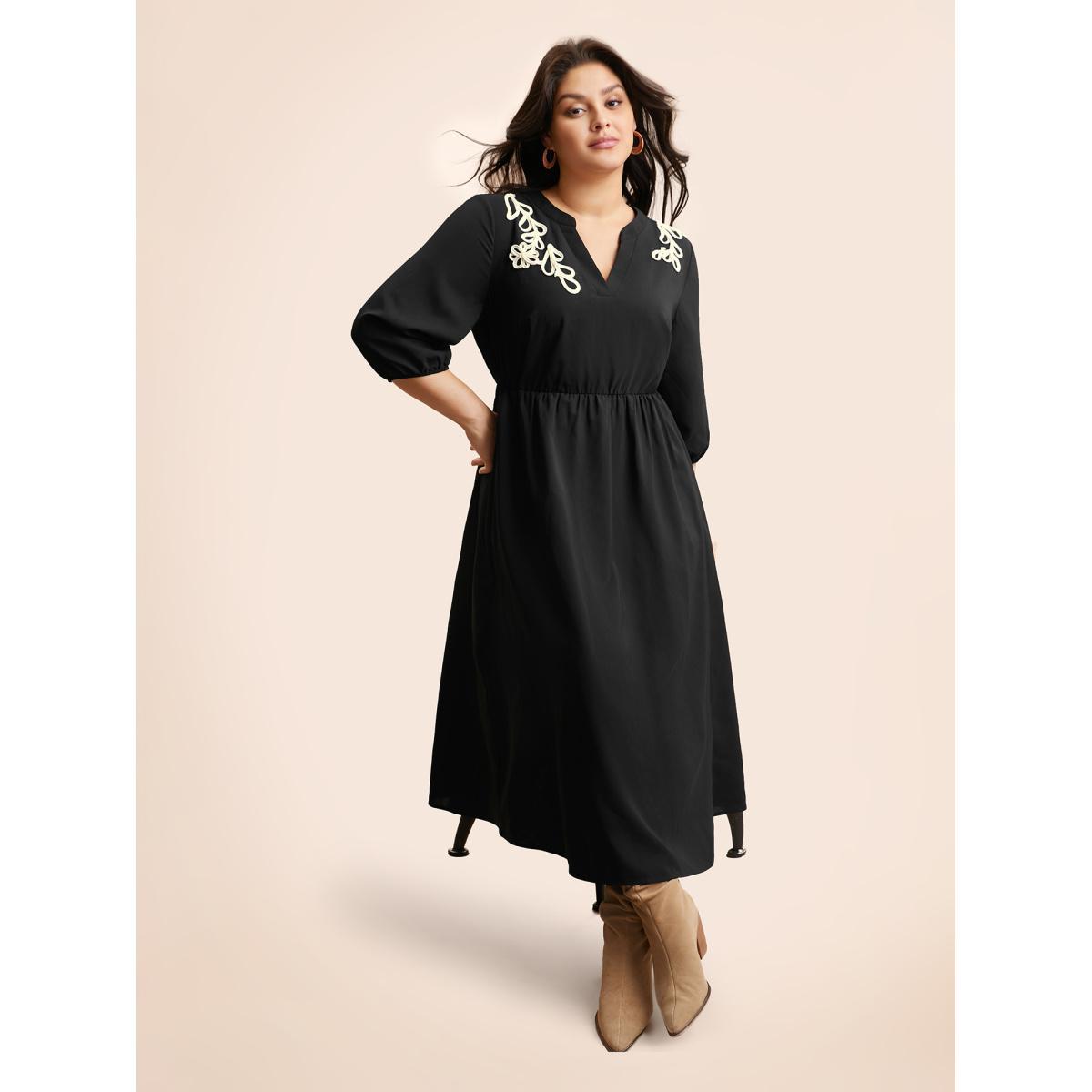 Plus Size Notched Stereo Flower Design Midi Dress Black Women Resort Woven ribbon&lace trim Notched collar Elbow-length sleeve Curvy BloomChic 14-16/1X Product Image