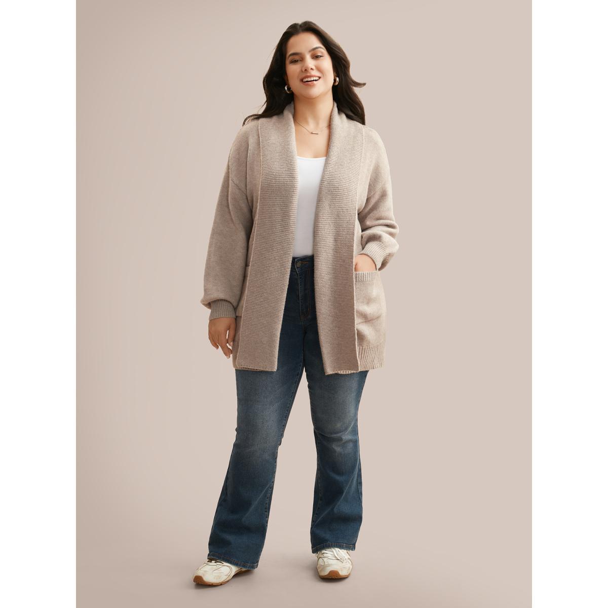 Plus Size Airy Cozy Shawl Collar Wool Cardigan Tan Women Casual Loose Long Sleeve Everyday Cardigans BloomChic 26/4X Product Image