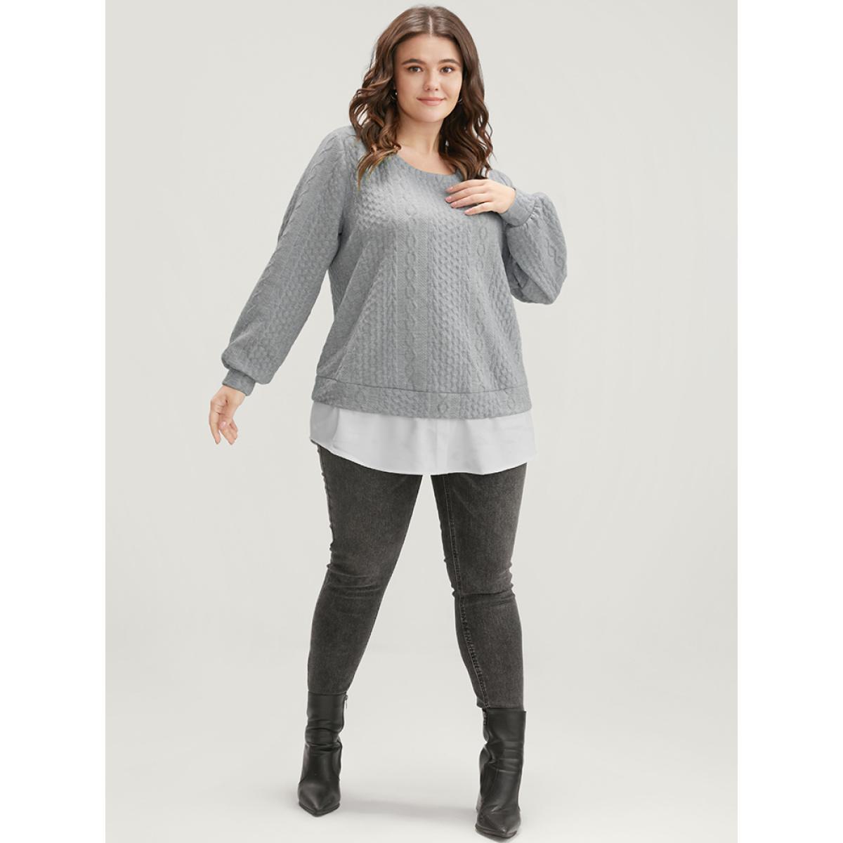 Plus Size Solid Textured Round Neck 2-In-1 Sweatshirt Women Gray Casual Patchwork Round Neck Dailywear Sweatshirts BloomChic 22-24/3X Product Image