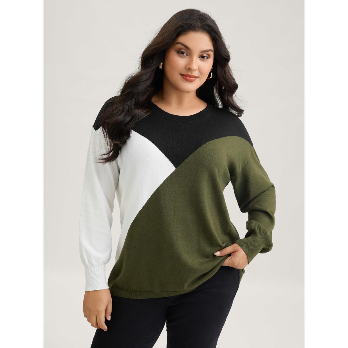 Plus Size Supersoft Essentials Colorblock Contrast Pullover ArmyGreen Women Casual Long Sleeve Round Neck Everyday Pullovers BloomChic 10/M Product Image