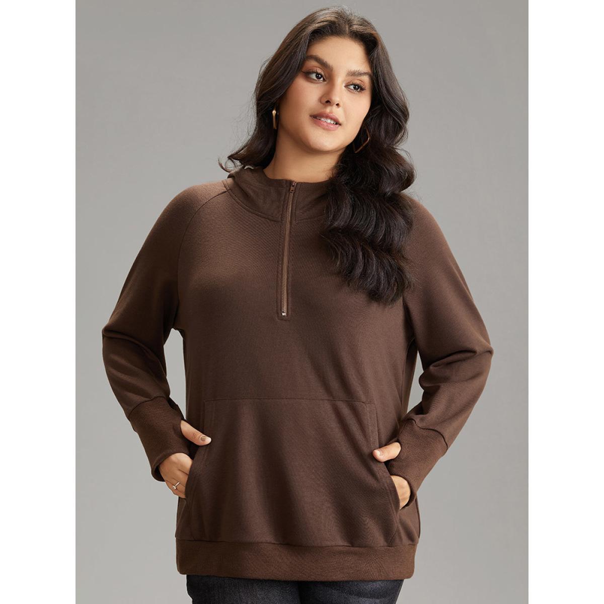 Plus Size Plain Thumb Hole Hooded Kangaroo Pocket Sweatshirt Women DarkBrown Casual Plain Hooded Dailywear Sweatshirts BloomChic 18-20/2X Product Image
