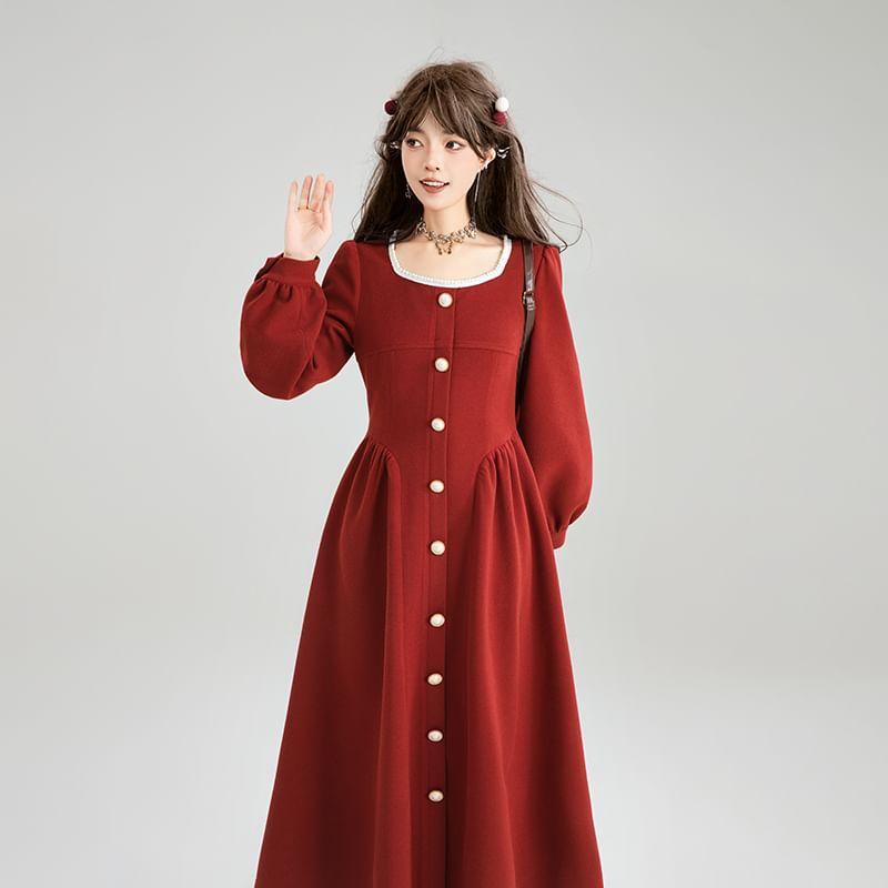 Long Sleeve Square Neck Faux Pearl Trim Button Gathered Midi A-Line Dress Product Image