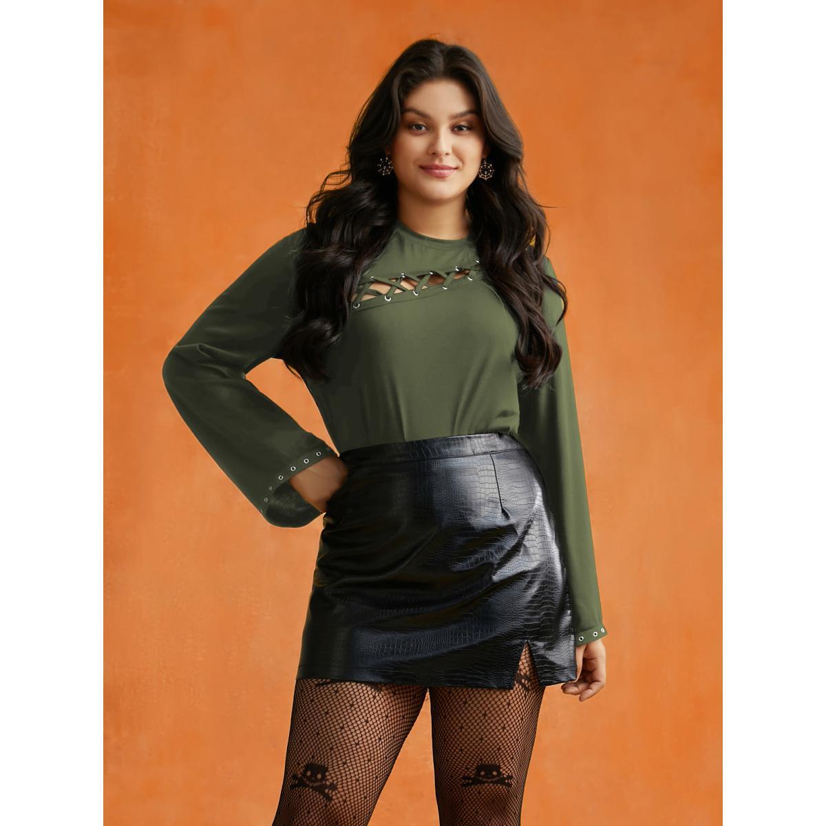 Plus Size Peek-A-Boo Cut-Out Neckline T-shirt ArmyGreen Women Elegant Eyelet Round Neck Everyday T-shirts BloomChic 22-24/3X Product Image
