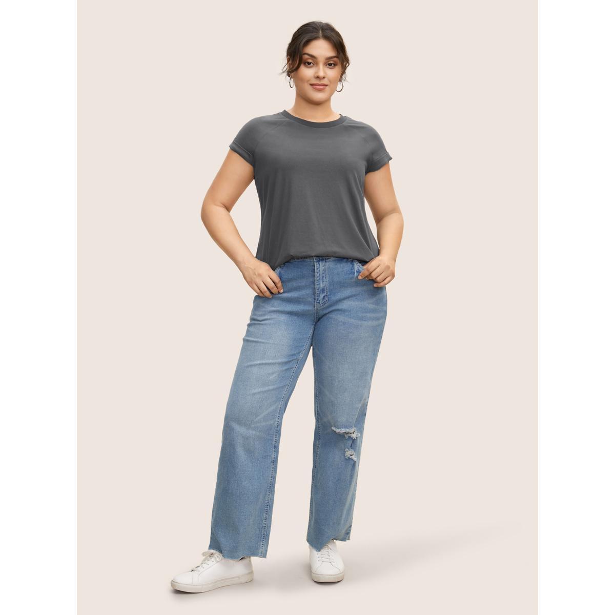 Plus Size Cotton Solid Crew Neck Roll Sleeve T-shirt DimGray Women Casual Roll Hem Round Neck Everyday T-shirts BloomChic 14-16/1X Product Image