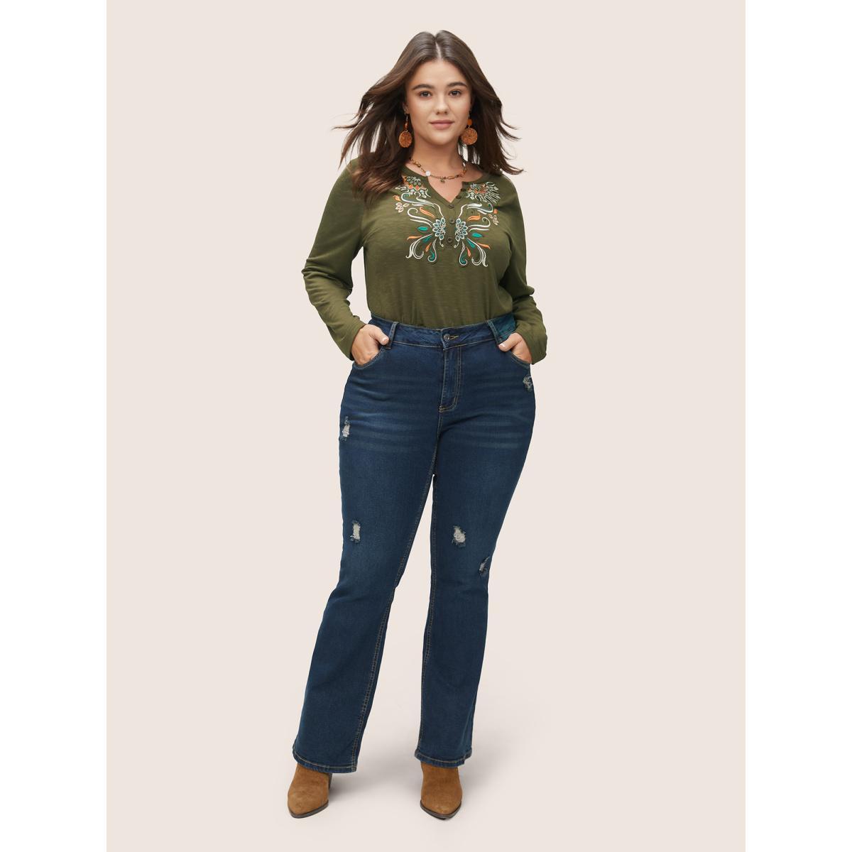 Plus Size Bandana Embroidered Notched Button Detail T-shirt ArmyGreen Women Resort Embroidered Bohemian Print Notched collar Vacation T-shirts BloomChic 26/4X Product Image