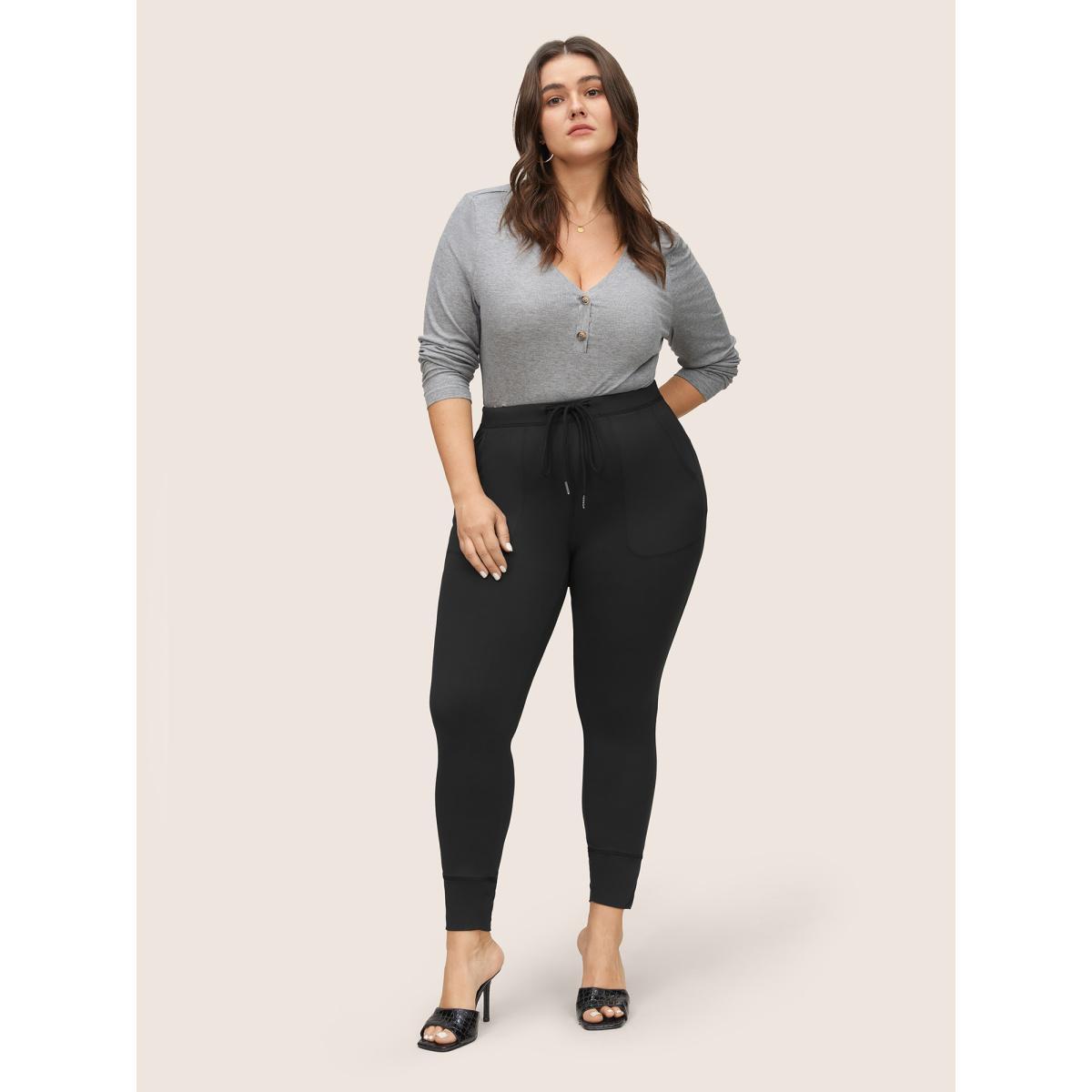 Plus Size Solid Drawstring Elastic Waist Skinny Leggings Women Black Casual High stretch Skinny High Rise Everyday Leggings BloomChic 18-20/2X Product Image