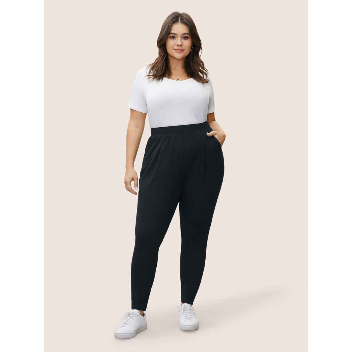 Plus Size Solid Mid Rise Gathered Elastic Waist Pants Women Black Work From Home Mid Rise Work Pants BloomChic 12/L Product Image