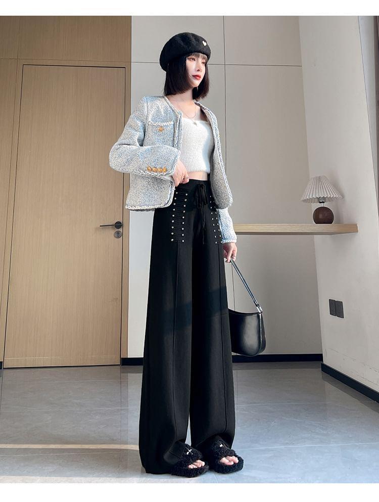 High Rise Rhinestone Knit Wide Leg Pants Product Image