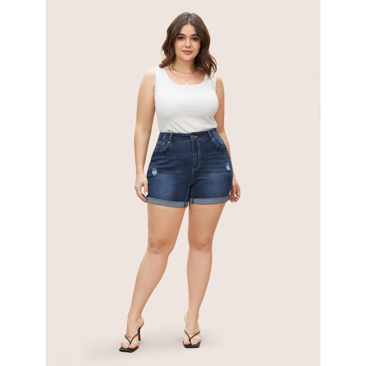 Plus Size Dark Wash Distressed Roll Hem Denim Shorts Women Blue Roll Hem High stretch Everyday Slanted pocket Casual Denim Shorts BloomChic 22/3X Product Image