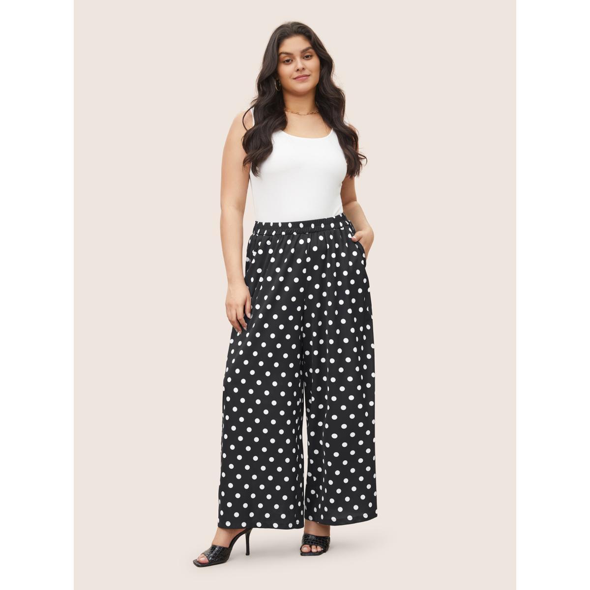 Plus Size Polka Dot Elastic Waist Wide Leg Pants Women Black Resort Wide Leg High Rise Vacation Pants BloomChic 30/6X Product Image