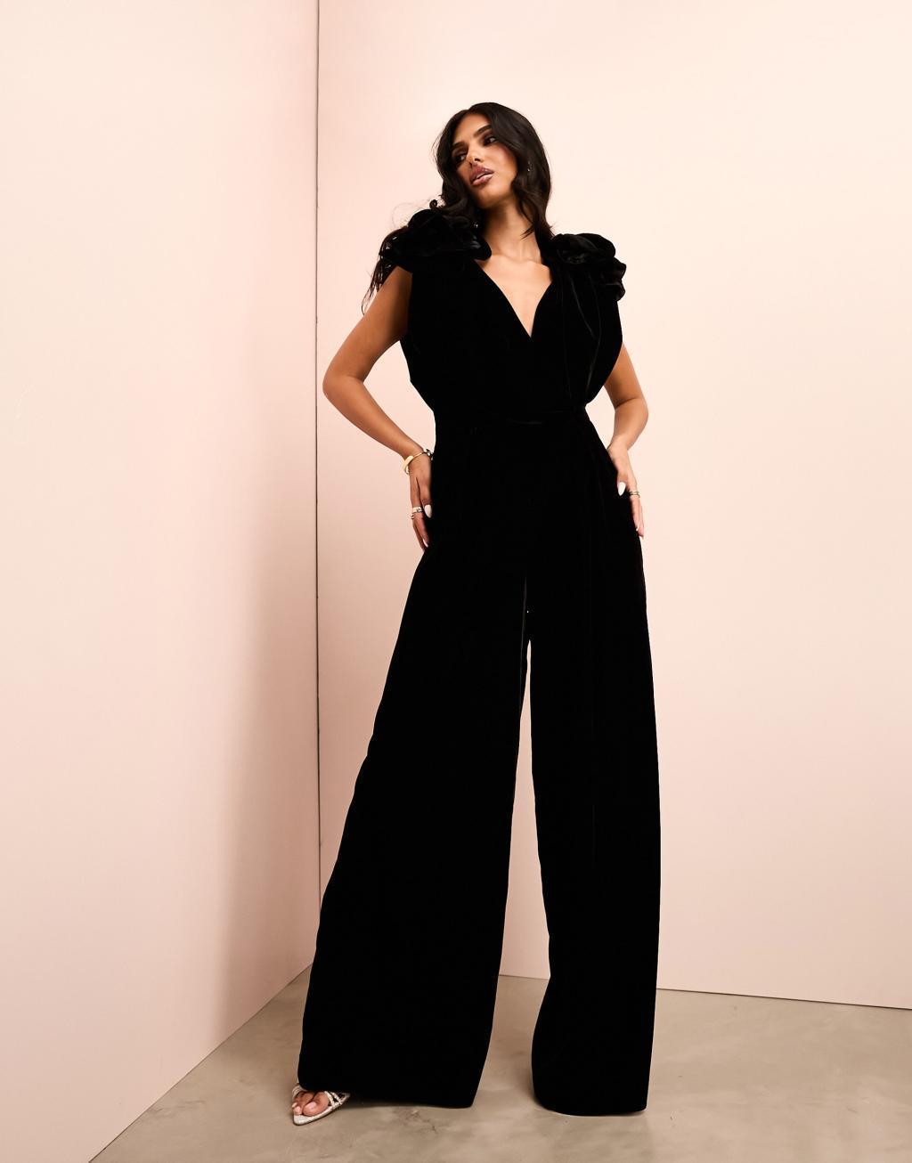 ASOS LUXE velvet corsage cowl neck wide leg jumpsuit Product Image