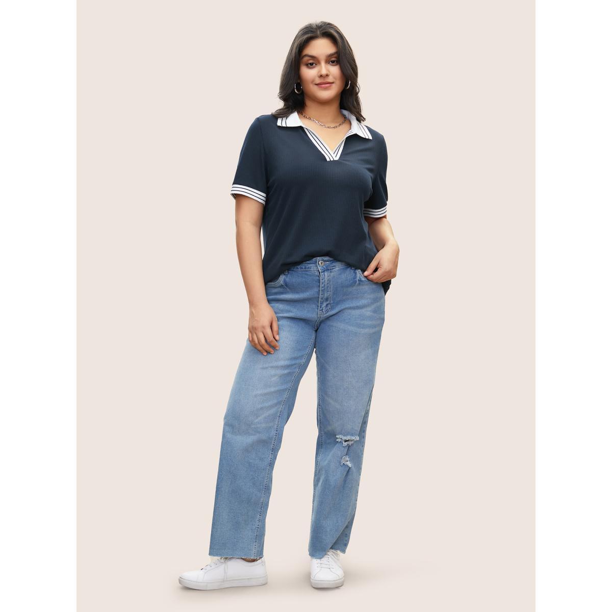 Plus Size Striped Patchwork Polo Neck Rib Knit T-shirt Indigo Women Casual Contrast Plain Polo Everyday T-shirts BloomChic 30/6X Product Image