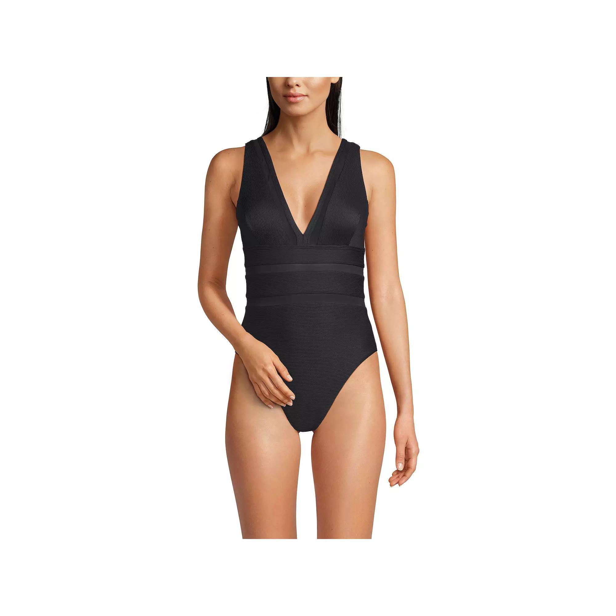 Women's Lands' End Mesh Ribbed Plunge High Leg One-Piece Swimsuit, Size: 10, Black Ottoman Product Image