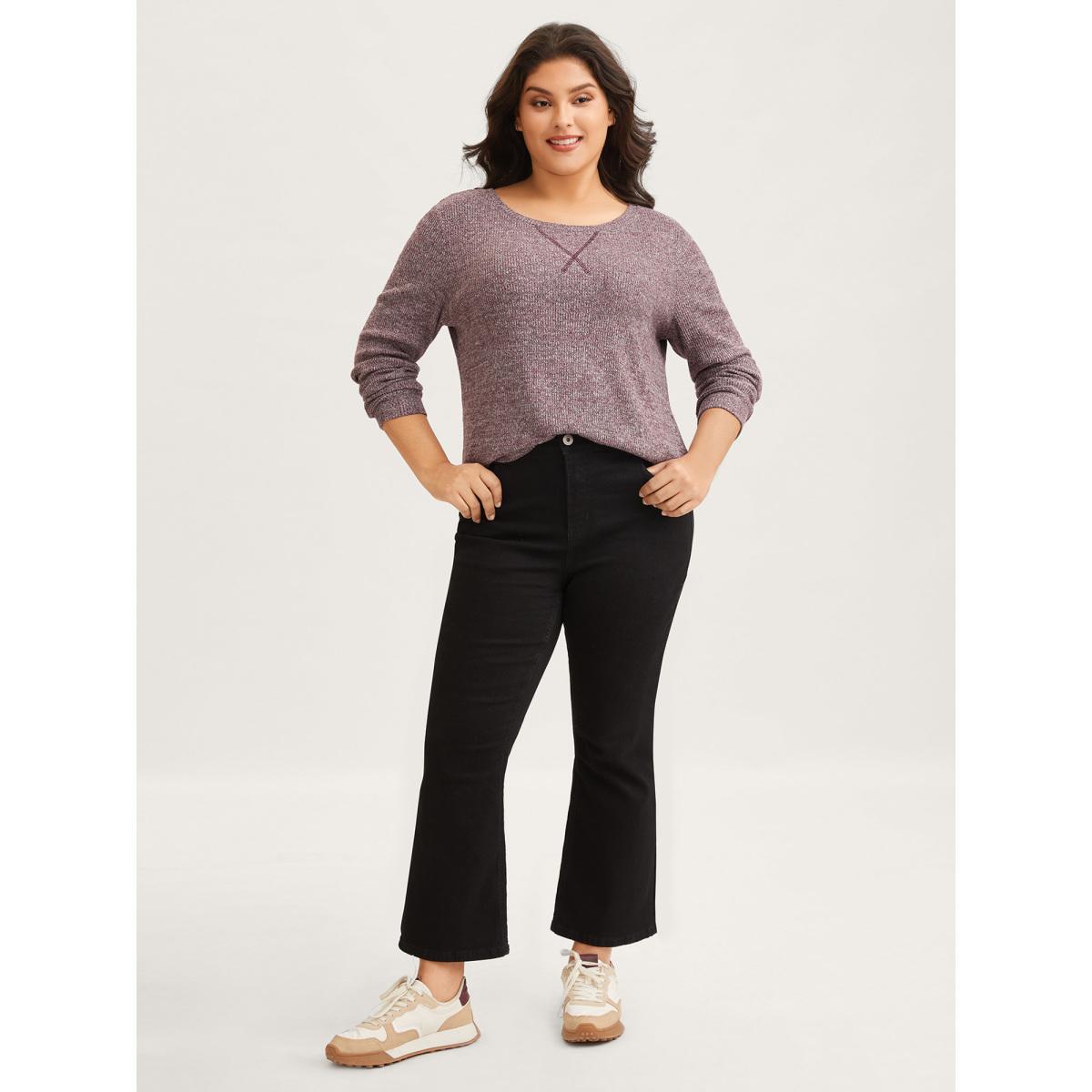 Plus Size Solid Heather Round Neck Stitch Sweatshirt Women Deepred Casual Topstitching Round Neck Everyday Sweatshirts BloomChic 22-24/3X Product Image