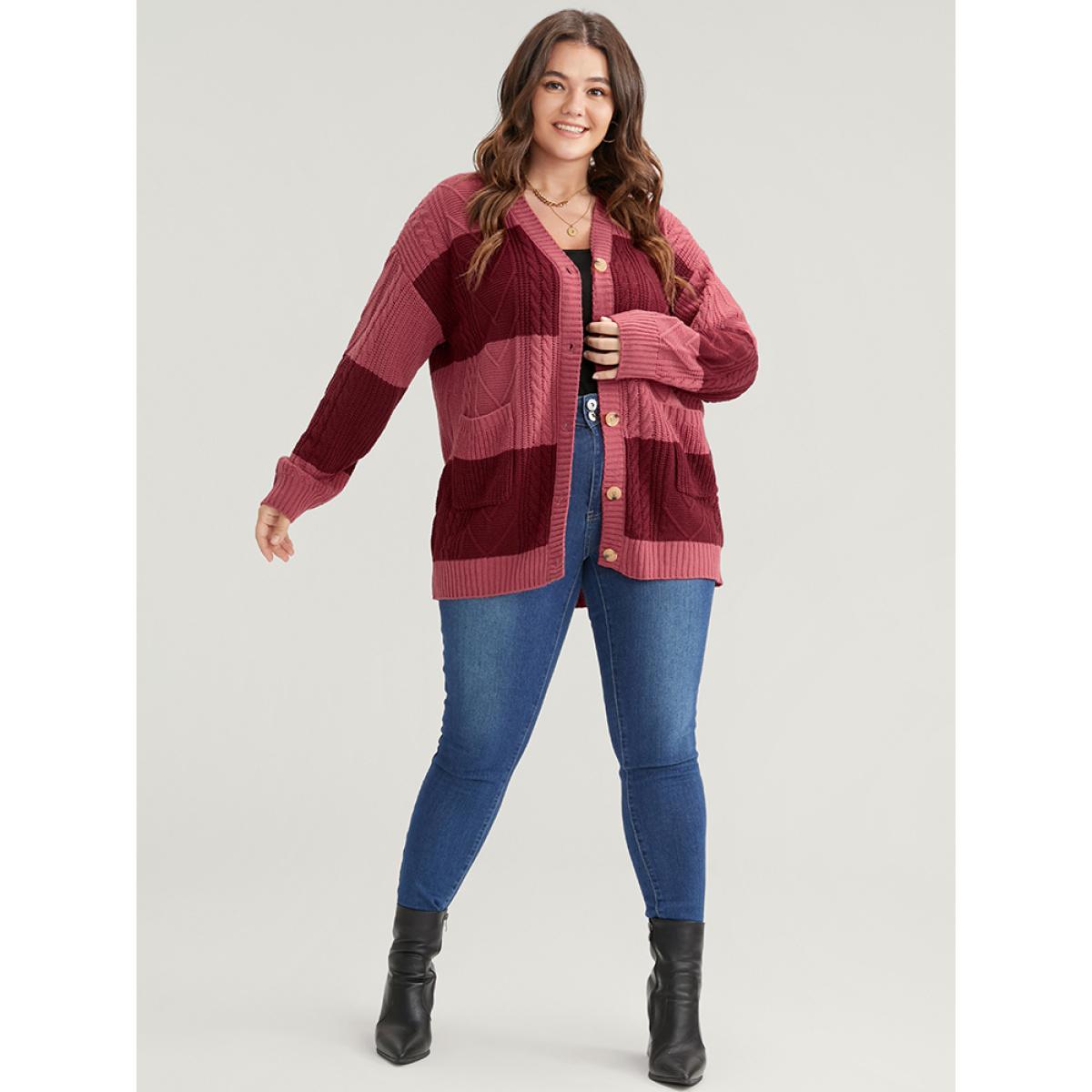 Plus Size Colorblock Contrast Pointelle Knit Pocket Button Front Cardigan Multicolor Women Casual Loose Long Sleeve Dailywear Cardigans BloomChic 18-20/2X Product Image