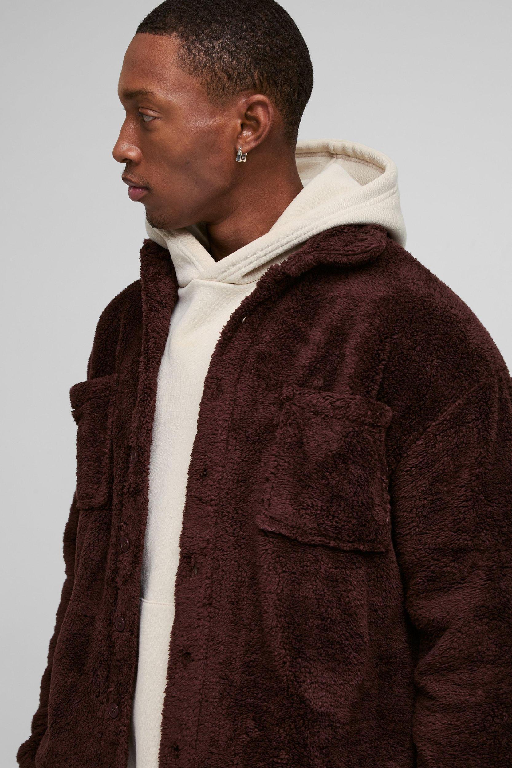 Borg Shirt Jacket in Chocolate | boohooMAN USA Product Image