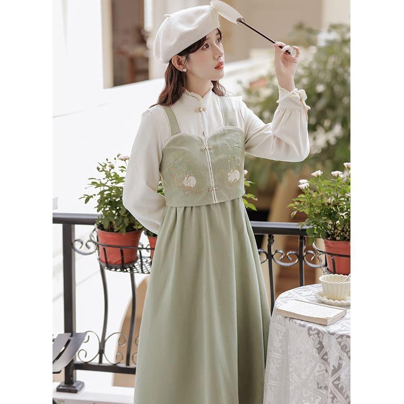 Mock Two-Piece Puff-Sleeve Stand Collar Rabbit Embroidered Midi Dress Product Image