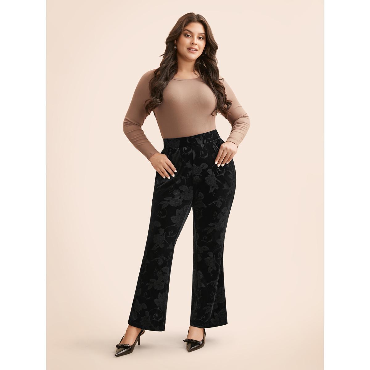 Plus Size Velvet Floral Mid Rise Bootcut Leggings Women Black Elegant Medium stretch Bootcut Mid Rise Everyday Leggings BloomChic 26/4X Product Image