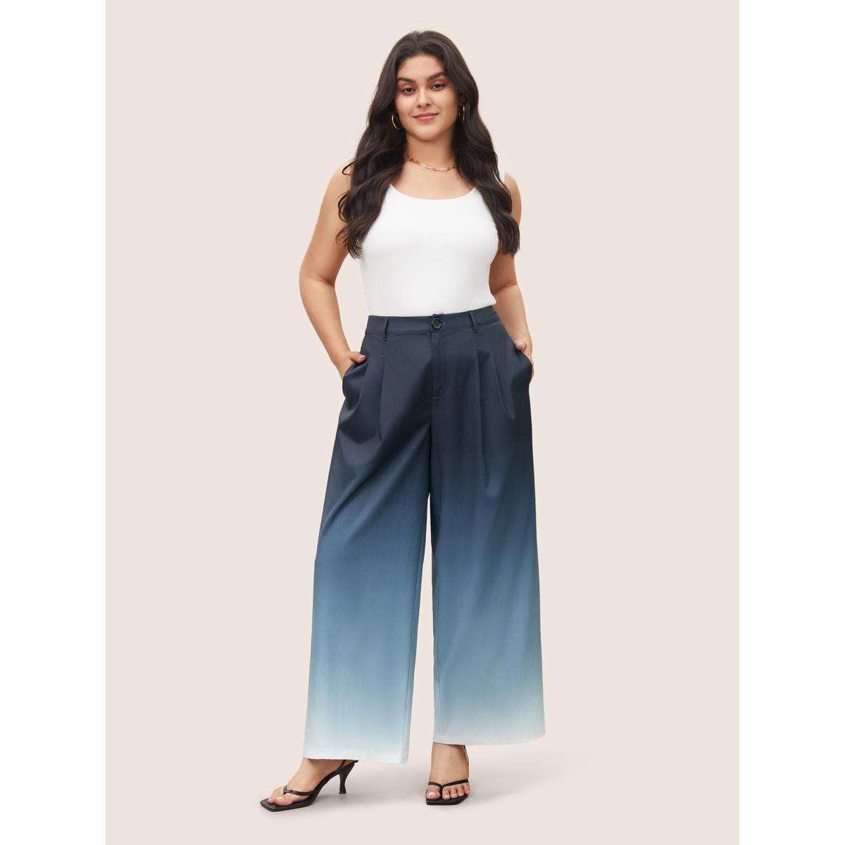 Plus Size Ombre Pleated High Rise Straight Leg Pants Women Indigo Resort Straight Leg High Rise Vacation Pants BloomChic 18-20/2X Product Image